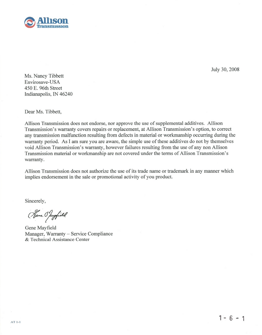 Allison transmission envirosave will not void warranty